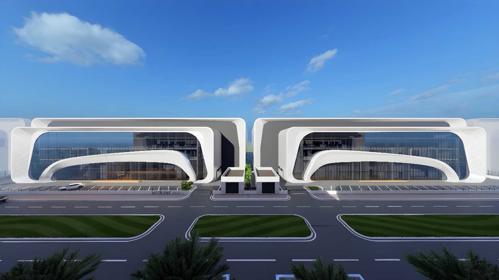 Concept rendering of Midline Aviation's planned twin-building hangar and MRO facility at Dubai World Central