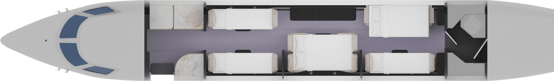 Embraer Legacy 650 night configuration floor plan with lie-flat berths